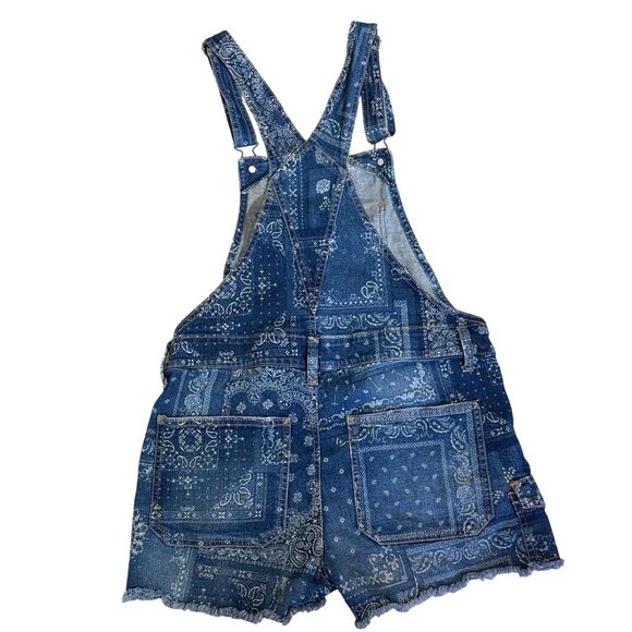 No Boundaries Overalls Womens M Blue Bandana Denim Distressed Shorts - Picture 2 of 13